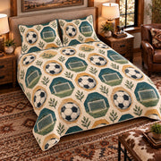 Elevated left-angle view AI mockup of the Soccer Hexagon Garden soccer quilt set with two coordinating printed pillow shams.