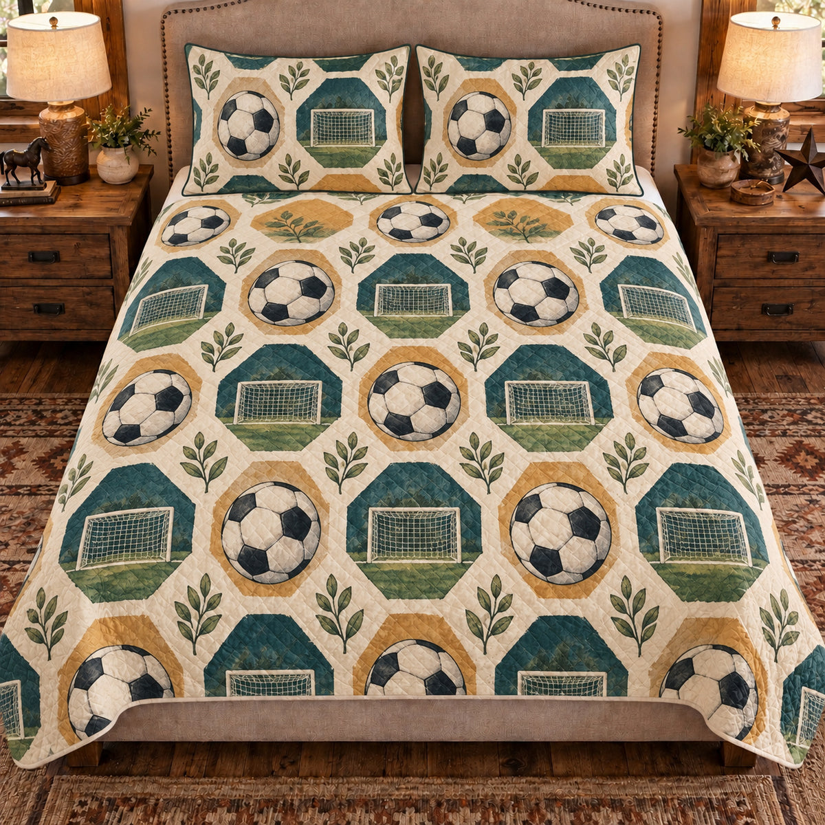 Front view AI mockup of the Soccer Hexagon Garden soccer quilt set with two coordinating printed pillow shams.