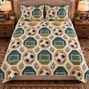 Front view AI mockup of the Soccer Hexagon Garden soccer quilt set with two coordinating printed pillow shams.