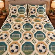 Frontal close-up view AI mockup of the Soccer Hexagon Garden soccer quilt set with two coordinating printed pillow shams.