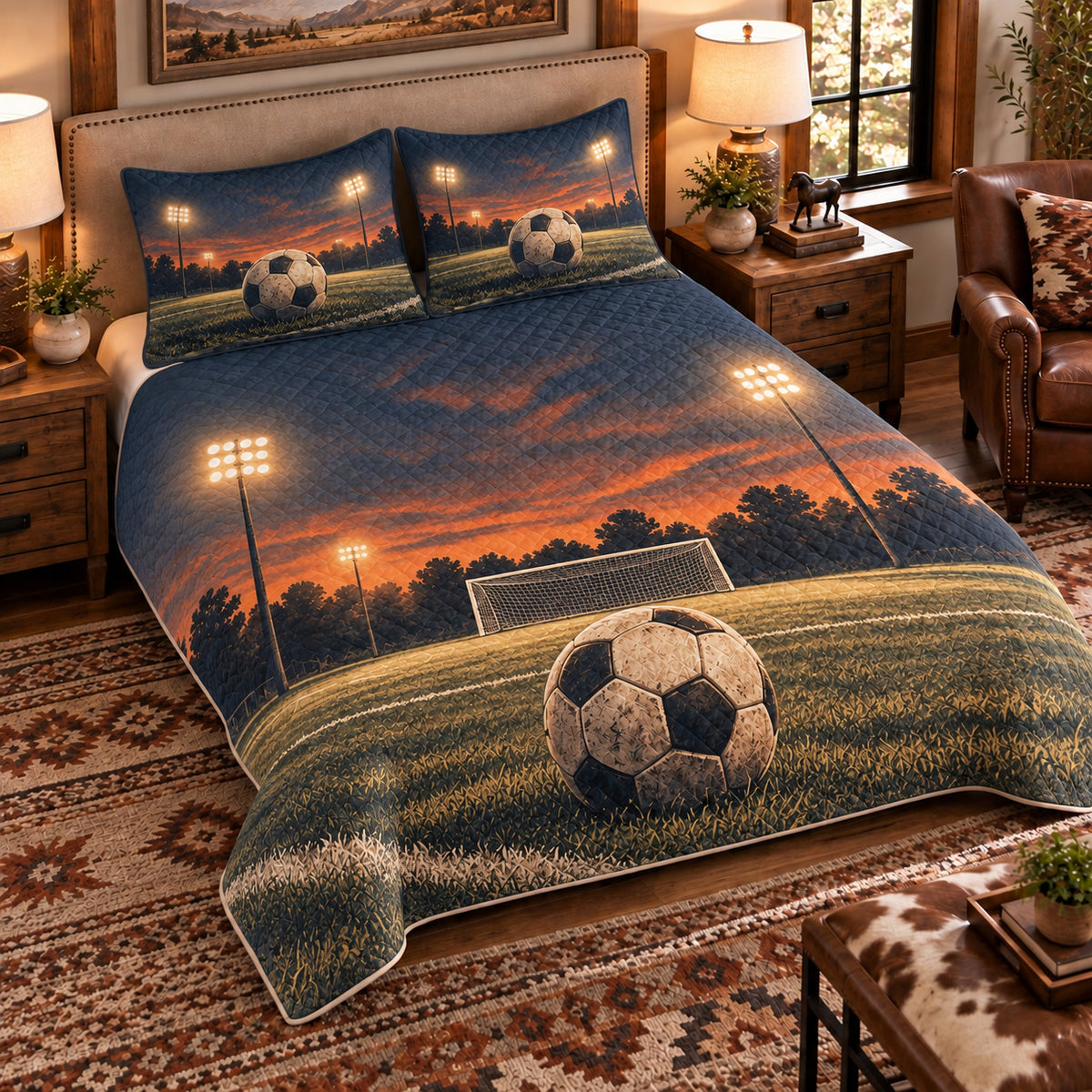 Elevated left-angle view AI mockup of the Soccer Evening Floodlights soccer quilt set with two coordinating printed pillow shams.