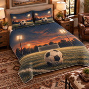 Elevated left-angle view AI mockup of the Soccer Evening Floodlights soccer quilt set with two coordinating printed pillow shams.