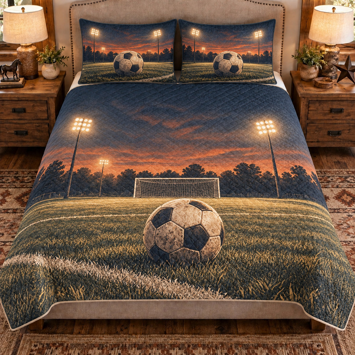 Front view AI mockup of the Soccer Evening Floodlights soccer quilt set with two coordinating printed pillow shams.