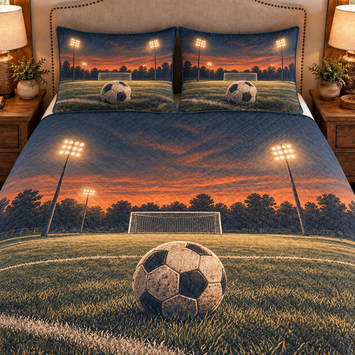 Frontal close-up view AI mockup of the Soccer Evening Floodlights soccer quilt set with two coordinating printed pillow shams.