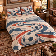 Elevated left-angle view AI mockup of the Soccer Paper Motion soccer quilt set with two coordinating printed pillow shams.