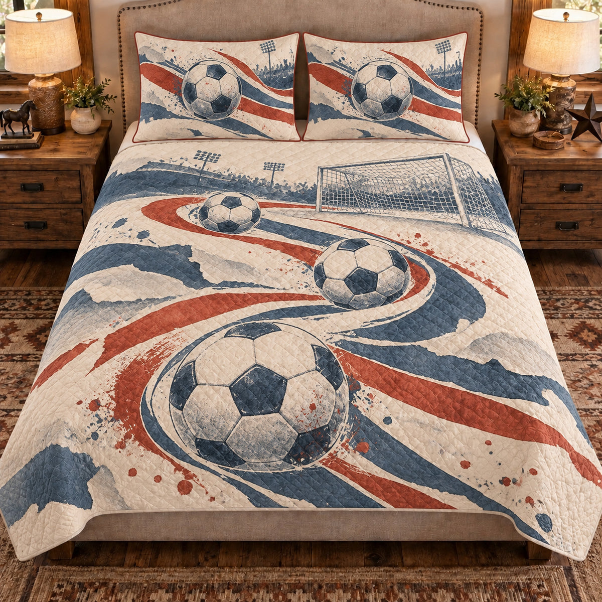 Front view AI mockup of the Soccer Paper Motion soccer quilt set with two coordinating printed pillow shams.
