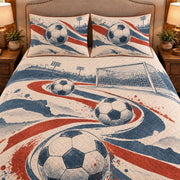 Frontal close-up view AI mockup of the Soccer Paper Motion soccer quilt set with two coordinating printed pillow shams.