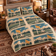 Elevated left-angle view AI mockup of the Soccer Corner Flag Study soccer quilt set with two coordinating printed pillow shams.