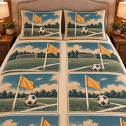 Frontal close-up view AI mockup of the Soccer Corner Flag Study soccer quilt set with two coordinating printed pillow shams.