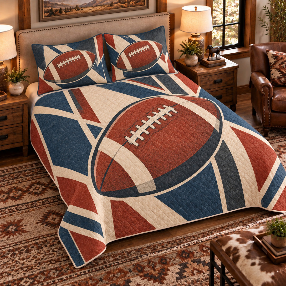 Elevated left-angle view AI mockup of the Football Leather Ovals american football quilt set with two coordinating printed pillow shams.