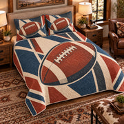 Elevated left-angle view AI mockup of the Football Leather Ovals american football quilt set with two coordinating printed pillow shams.