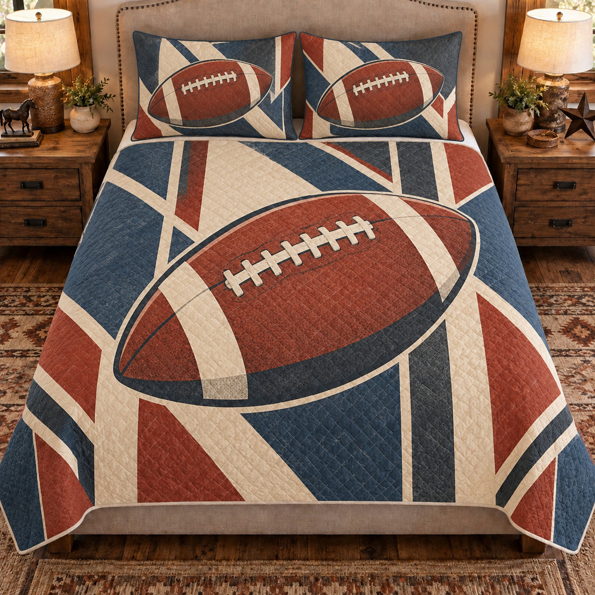 Front view AI mockup of the Football Leather Ovals american football quilt set with two coordinating printed pillow shams.