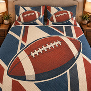 Frontal close-up view AI mockup of the Football Leather Ovals american football quilt set with two coordinating printed pillow shams.