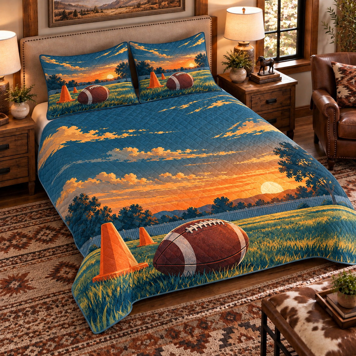 Elevated left-angle view AI mockup of the Backyard Passing Practice american football quilt set with two coordinating printed pillow shams.