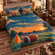 Elevated left-angle view AI mockup of the Backyard Passing Practice american football quilt set with two coordinating printed pillow shams.