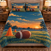 Front view AI mockup of the Backyard Passing Practice american football quilt set with two coordinating printed pillow shams.