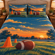 Frontal close-up view AI mockup of the Backyard Passing Practice american football quilt set with two coordinating printed pillow shams.