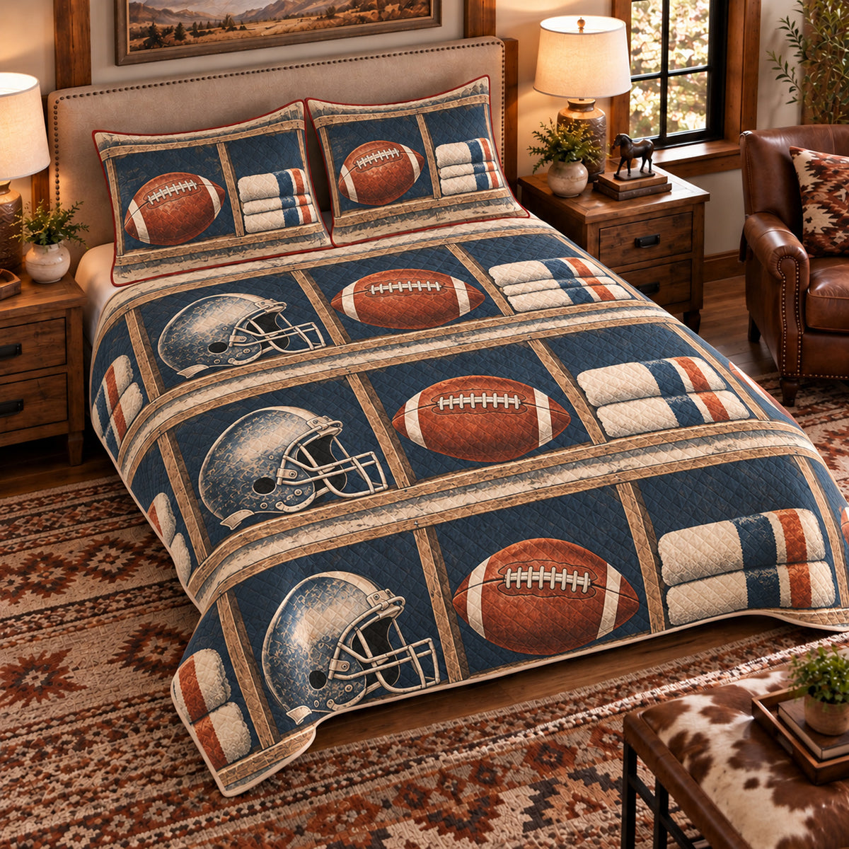 Elevated left-angle view AI mockup of the Football Gear Shelf american football quilt set with two coordinating printed pillow shams.