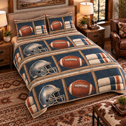 Elevated left-angle view AI mockup of the Football Gear Shelf american football quilt set with two coordinating printed pillow shams.