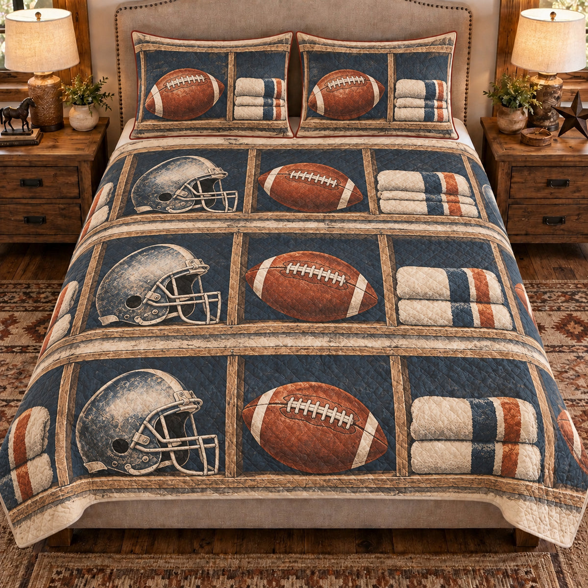 Front view AI mockup of the Football Gear Shelf american football quilt set with two coordinating printed pillow shams.
