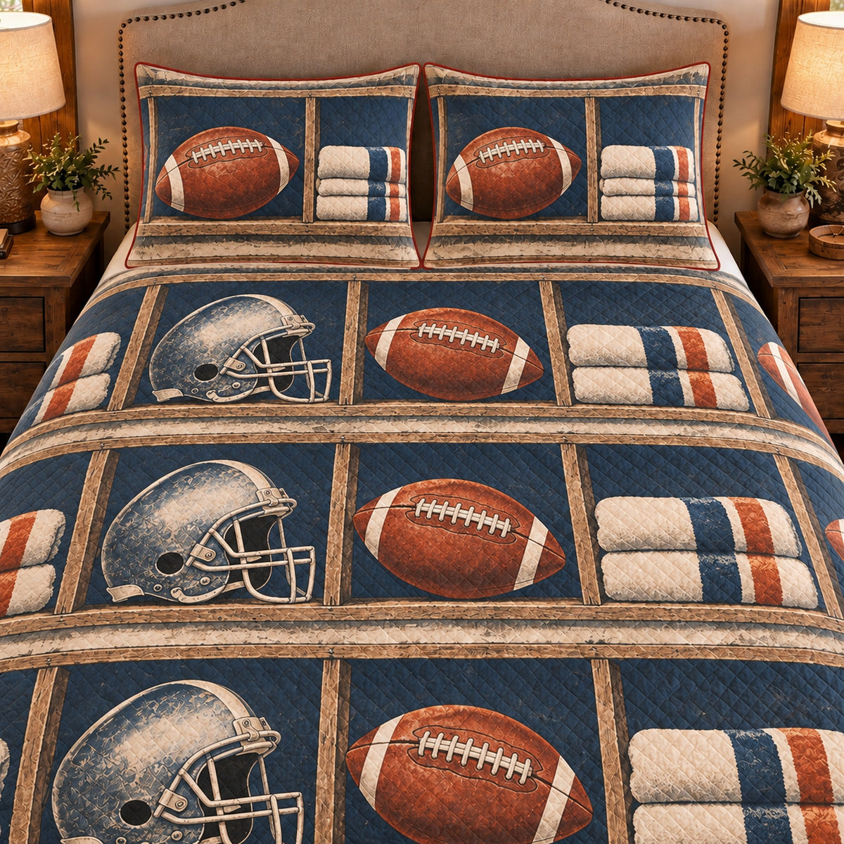 Frontal close-up view AI mockup of the Football Gear Shelf american football quilt set with two coordinating printed pillow shams.