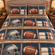 Frontal close-up view AI mockup of the Football Gear Shelf american football quilt set with two coordinating printed pillow shams.