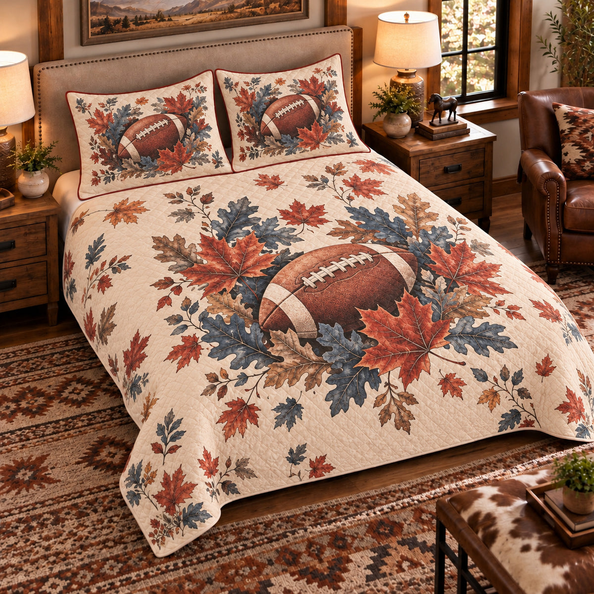 Elevated left-angle view AI mockup of the Football Autumn Leaves american football quilt set with two coordinating printed pillow shams.