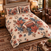 Elevated left-angle view AI mockup of the Football Autumn Leaves american football quilt set with two coordinating printed pillow shams.