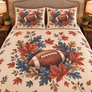 Frontal close-up view AI mockup of the Football Autumn Leaves american football quilt set with two coordinating printed pillow shams.