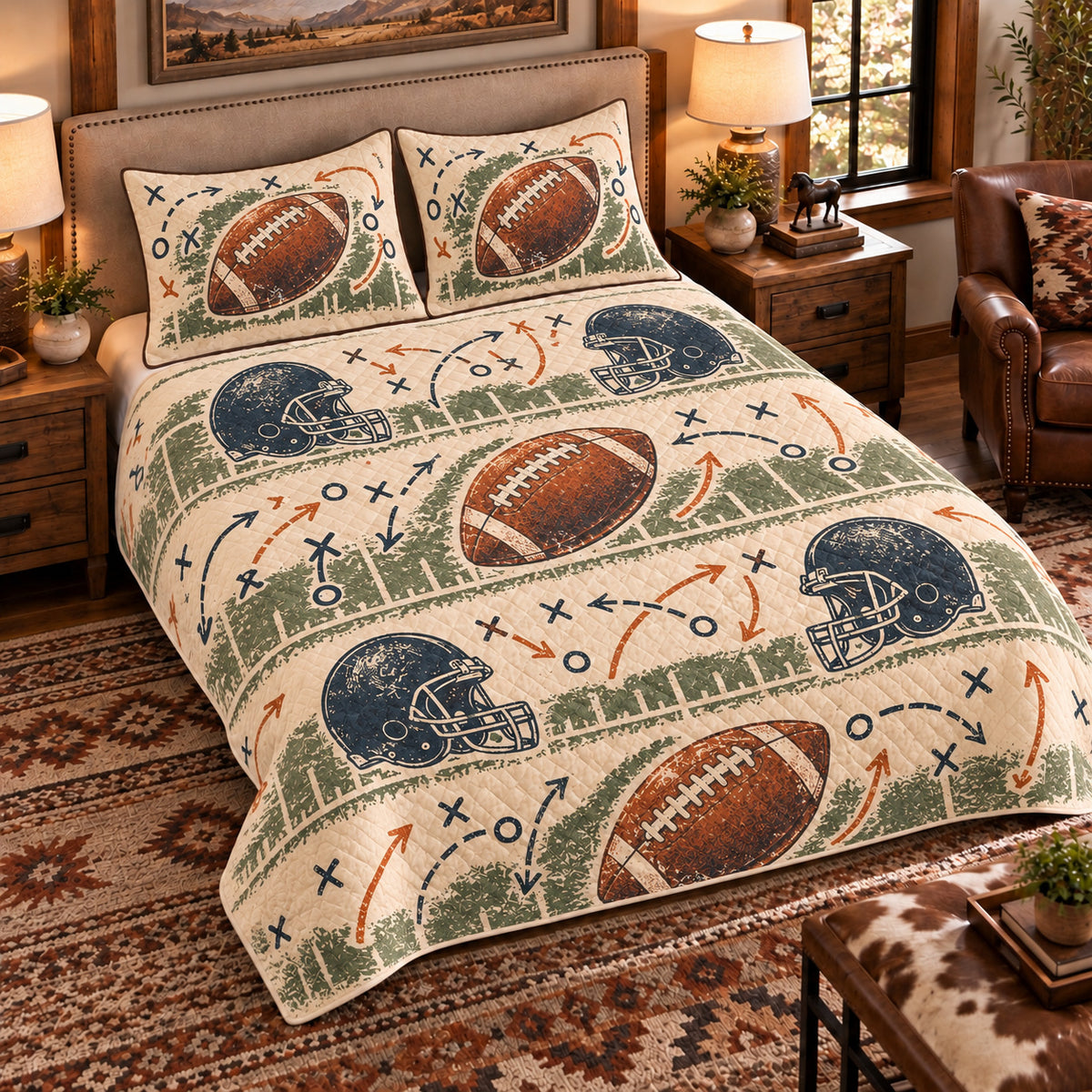 Elevated left-angle view AI mockup of the Football Chalk Playbook american football quilt set with two coordinating printed pillow shams.