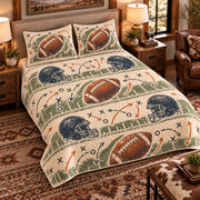 Elevated left-angle view AI mockup of the Football Chalk Playbook american football quilt set with two coordinating printed pillow shams.