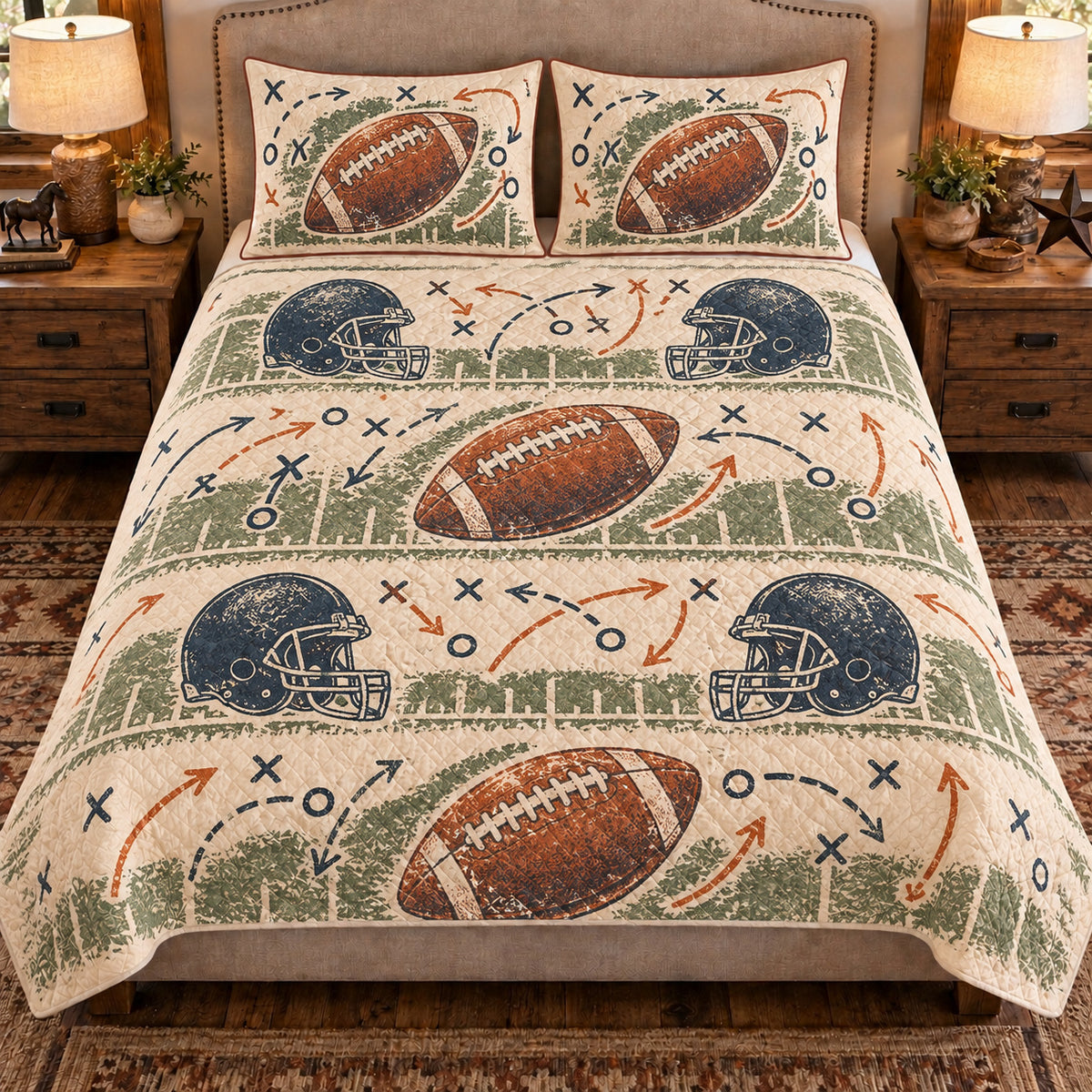 Front view AI mockup of the Football Chalk Playbook american football quilt set with two coordinating printed pillow shams.