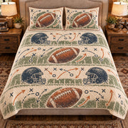 Front view AI mockup of the Football Chalk Playbook american football quilt set with two coordinating printed pillow shams.