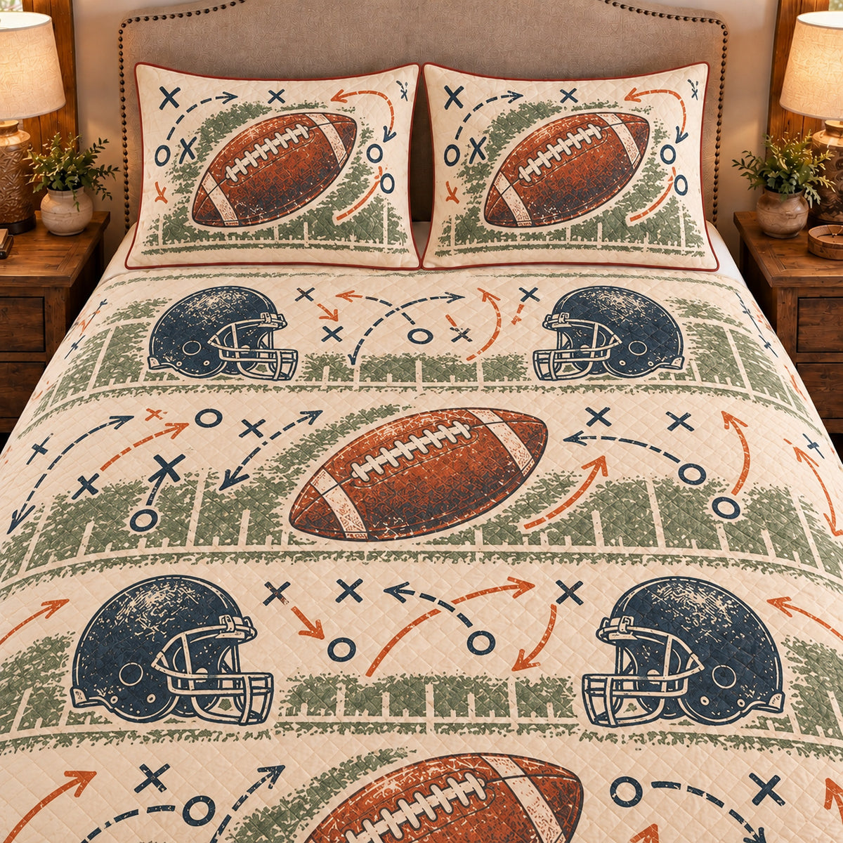 Frontal close-up view AI mockup of the Football Chalk Playbook american football quilt set with two coordinating printed pillow shams.