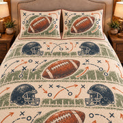 Frontal close-up view AI mockup of the Football Chalk Playbook american football quilt set with two coordinating printed pillow shams.