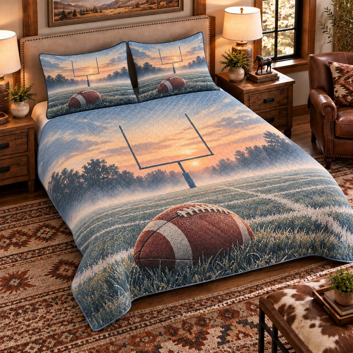 Elevated left-angle view AI mockup of the Goalpost Morning Mist american football quilt set with two coordinating printed pillow shams.