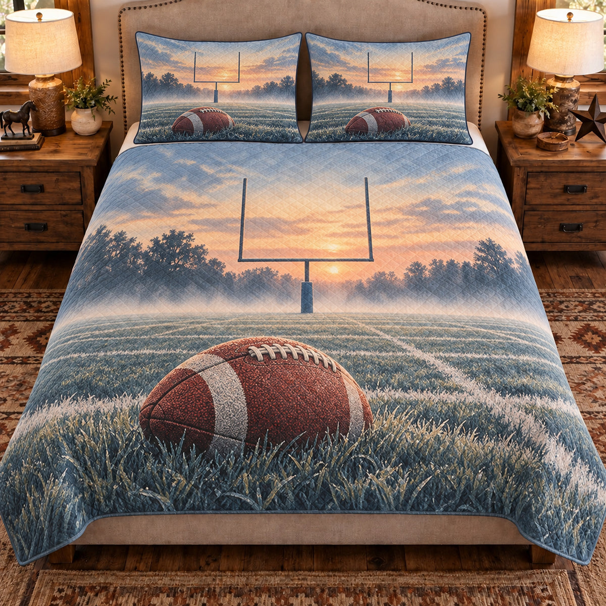 Front view AI mockup of the Goalpost Morning Mist american football quilt set with two coordinating printed pillow shams.