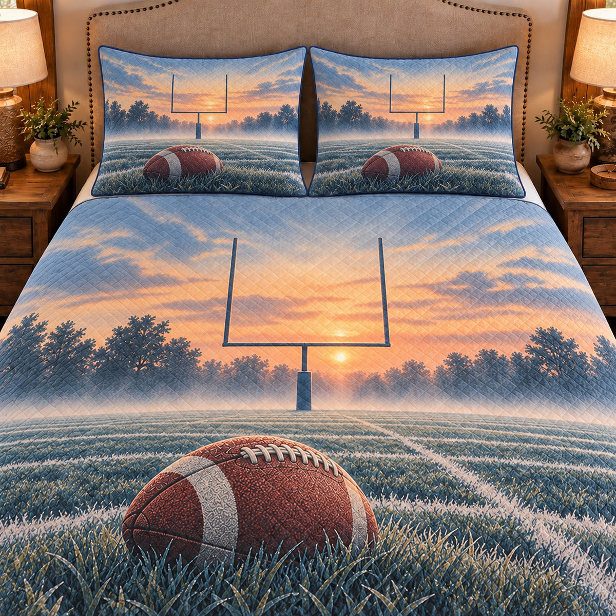 Frontal close-up view AI mockup of the Goalpost Morning Mist american football quilt set with two coordinating printed pillow shams.