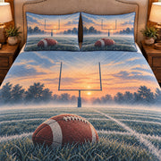 Frontal close-up view AI mockup of the Goalpost Morning Mist american football quilt set with two coordinating printed pillow shams.