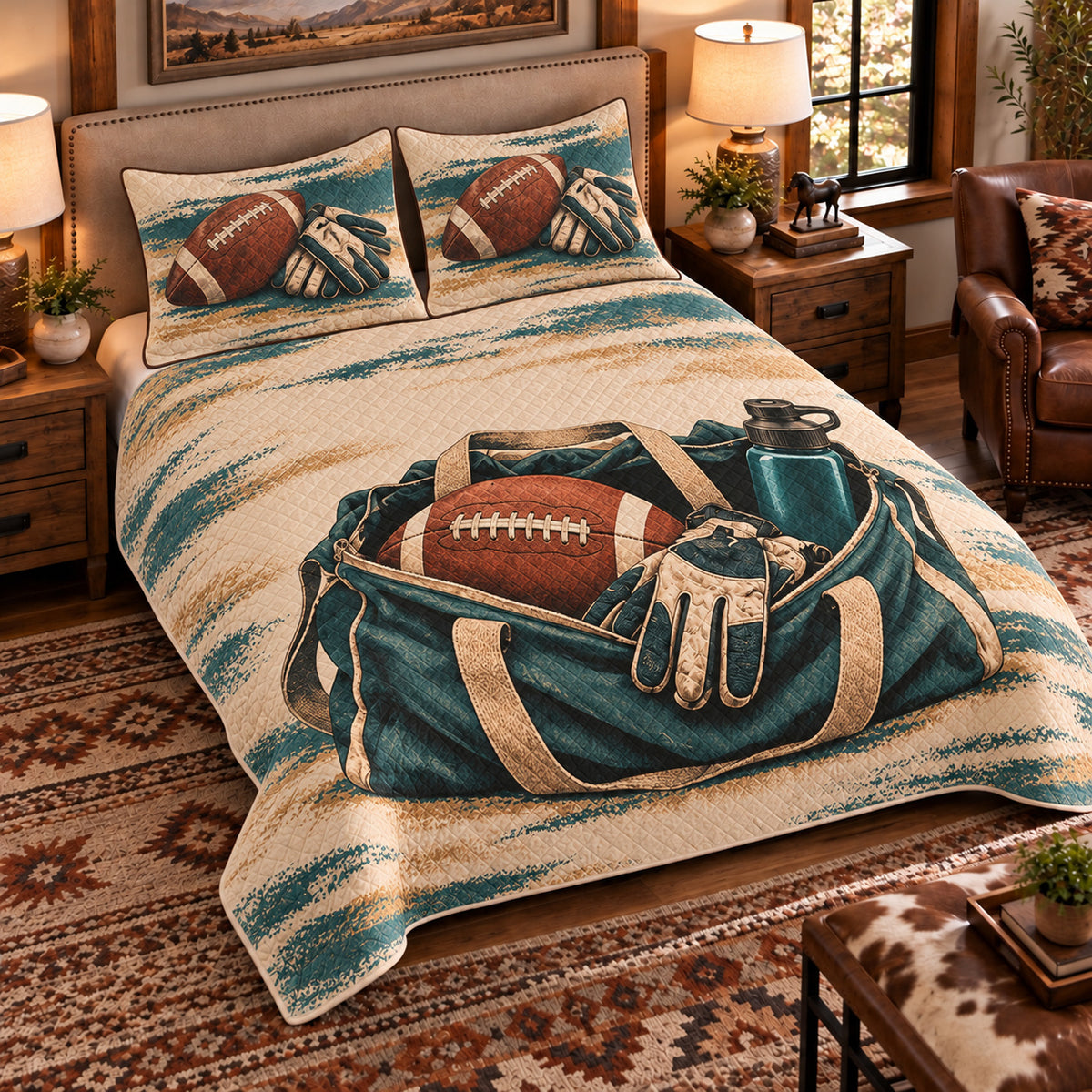 Elevated left-angle view AI mockup of the Football Equipment Tote american football quilt set with two coordinating printed pillow shams.