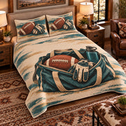 Elevated left-angle view AI mockup of the Football Equipment Tote american football quilt set with two coordinating printed pillow shams.