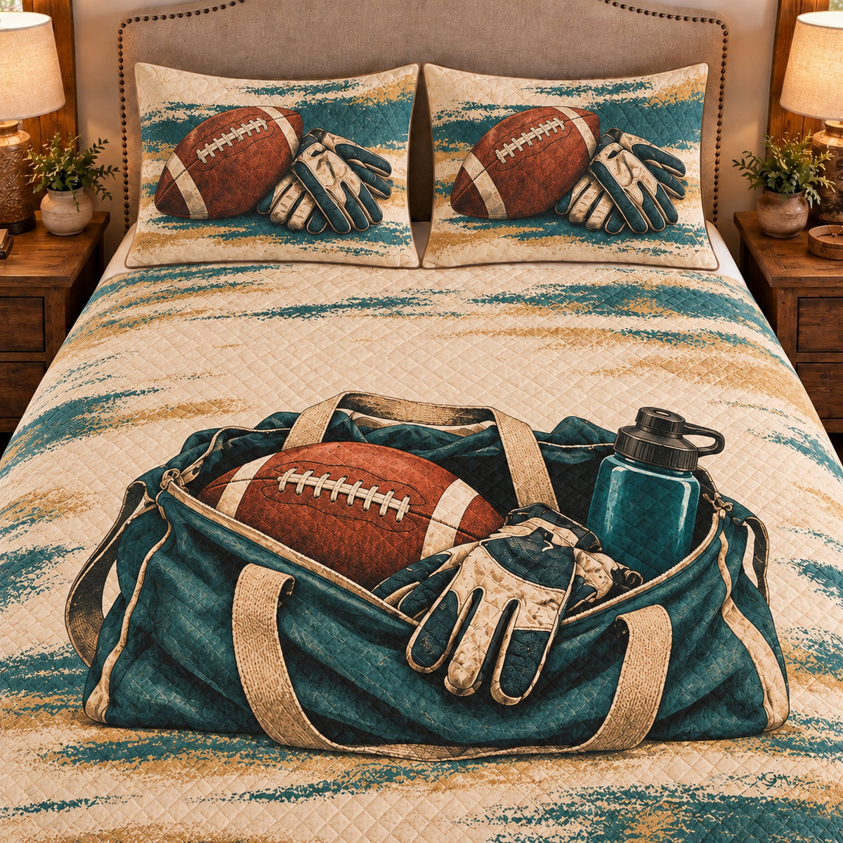 Frontal close-up view AI mockup of the Football Equipment Tote american football quilt set with two coordinating printed pillow shams.