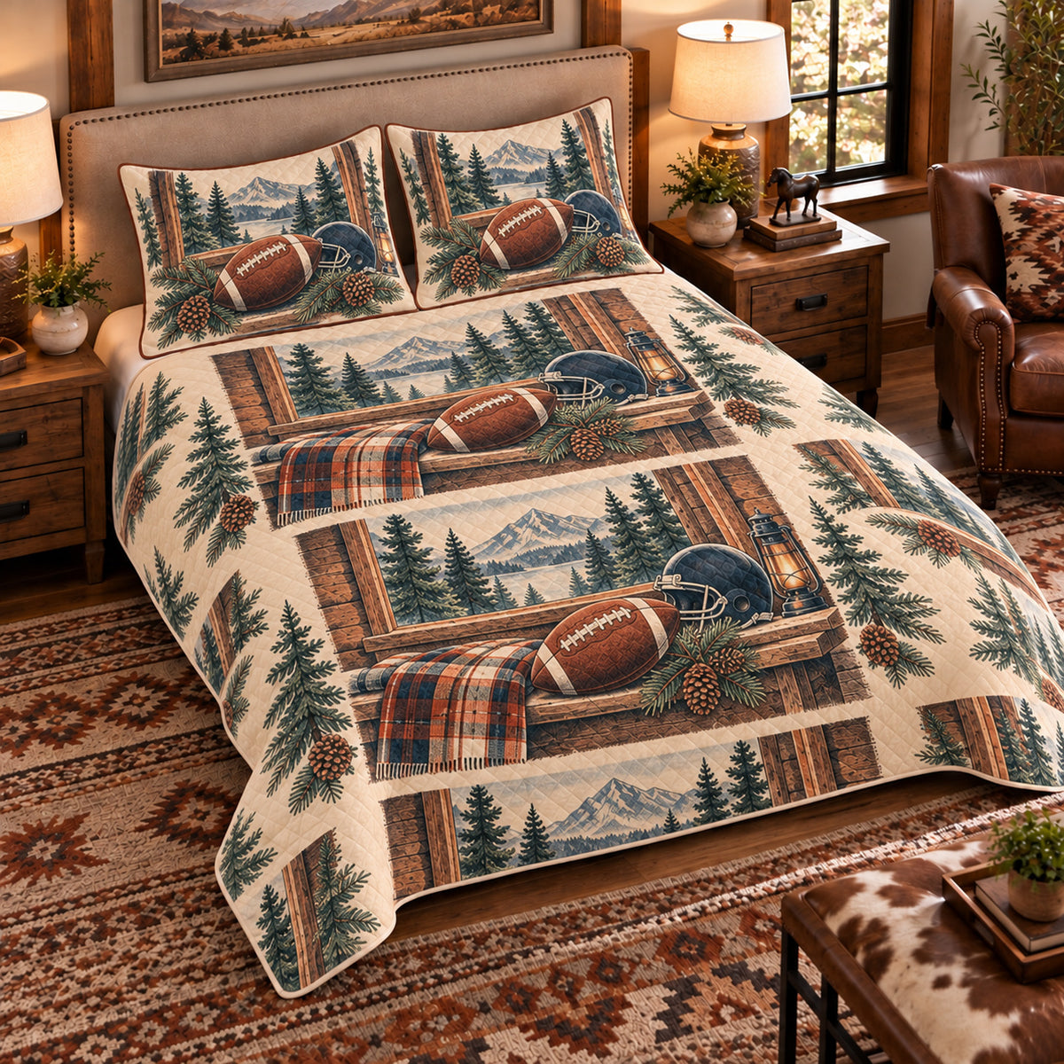 Elevated left-angle view AI mockup of the Football Pine Cabin american football quilt set with two coordinating printed pillow shams.