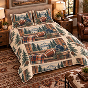 Elevated left-angle view AI mockup of the Football Pine Cabin american football quilt set with two coordinating printed pillow shams.