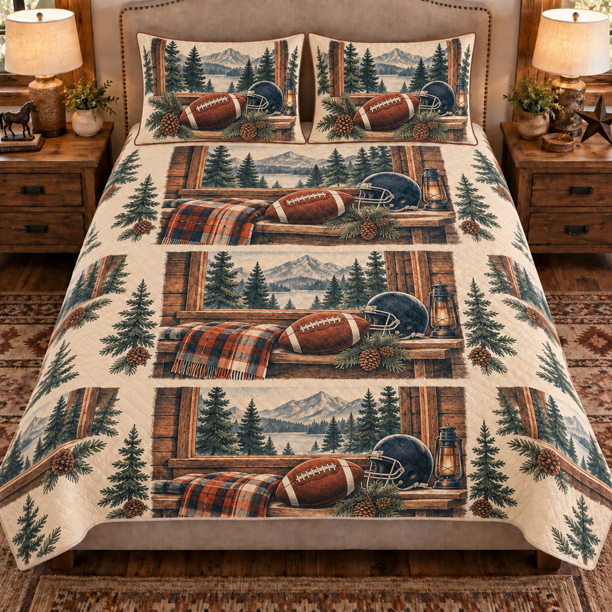 Front view AI mockup of the Football Pine Cabin american football quilt set with two coordinating printed pillow shams.
