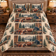 Front view AI mockup of the Football Pine Cabin american football quilt set with two coordinating printed pillow shams.