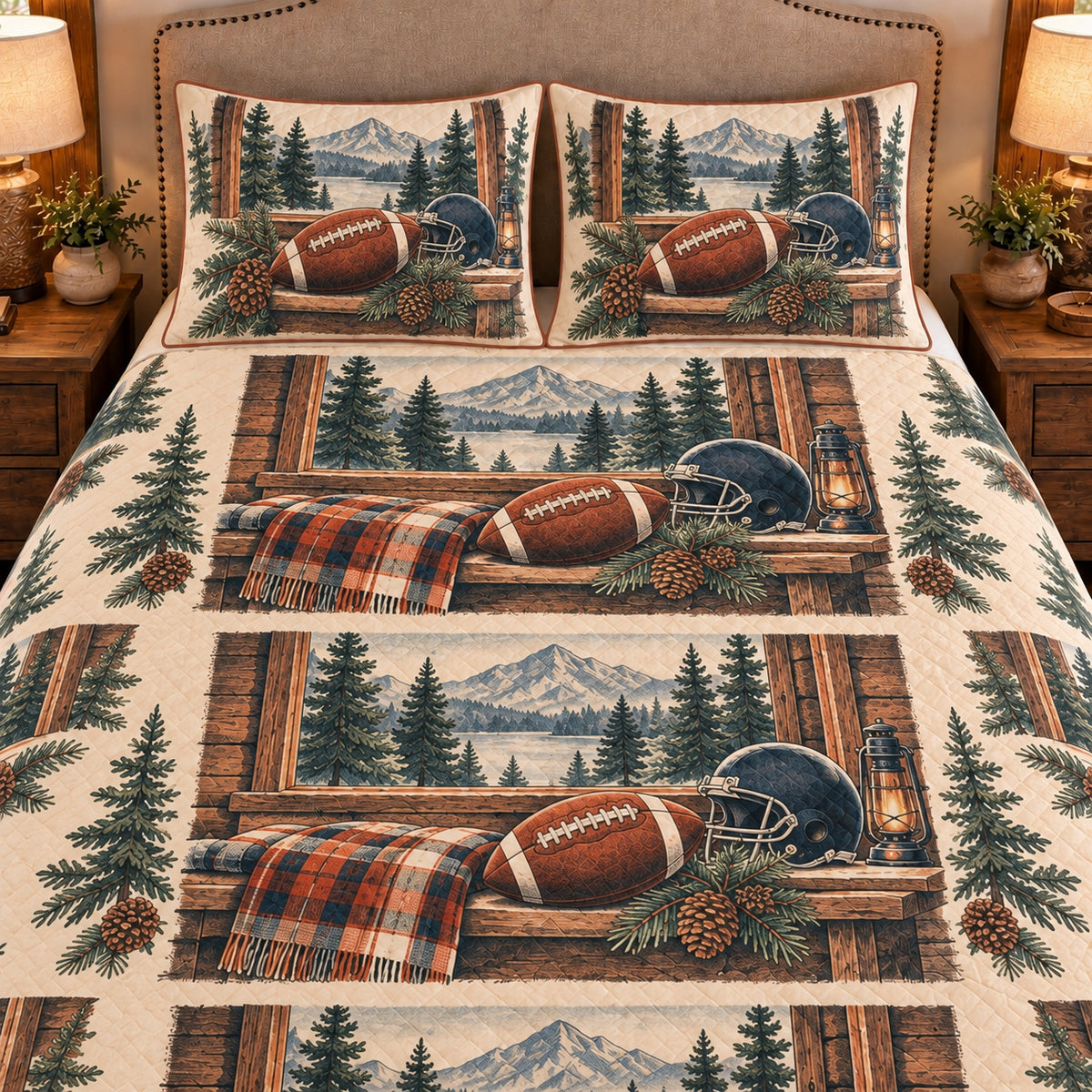Frontal close-up view AI mockup of the Football Pine Cabin american football quilt set with two coordinating printed pillow shams.