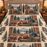 Frontal close-up view AI mockup of the Football Pine Cabin american football quilt set with two coordinating printed pillow shams.
