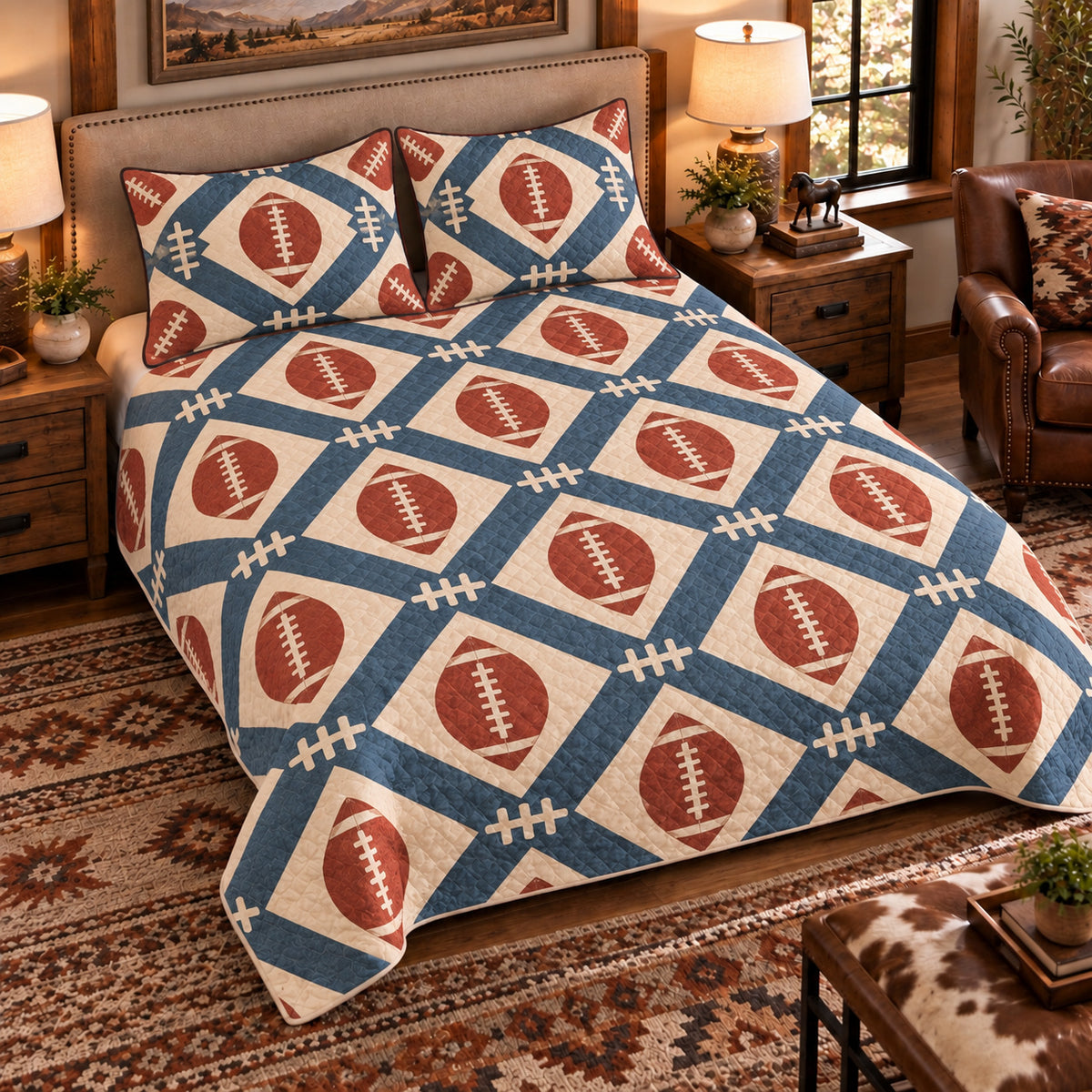 Elevated left-angle view AI mockup of the Football Laces Lattice american football quilt set with two coordinating printed pillow shams.