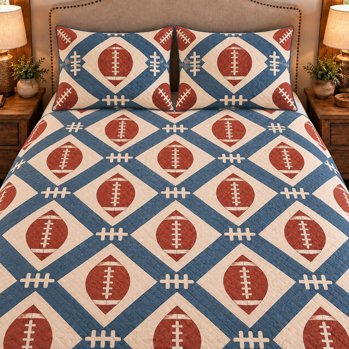 Frontal close-up view AI mockup of the Football Laces Lattice american football quilt set with two coordinating printed pillow shams.